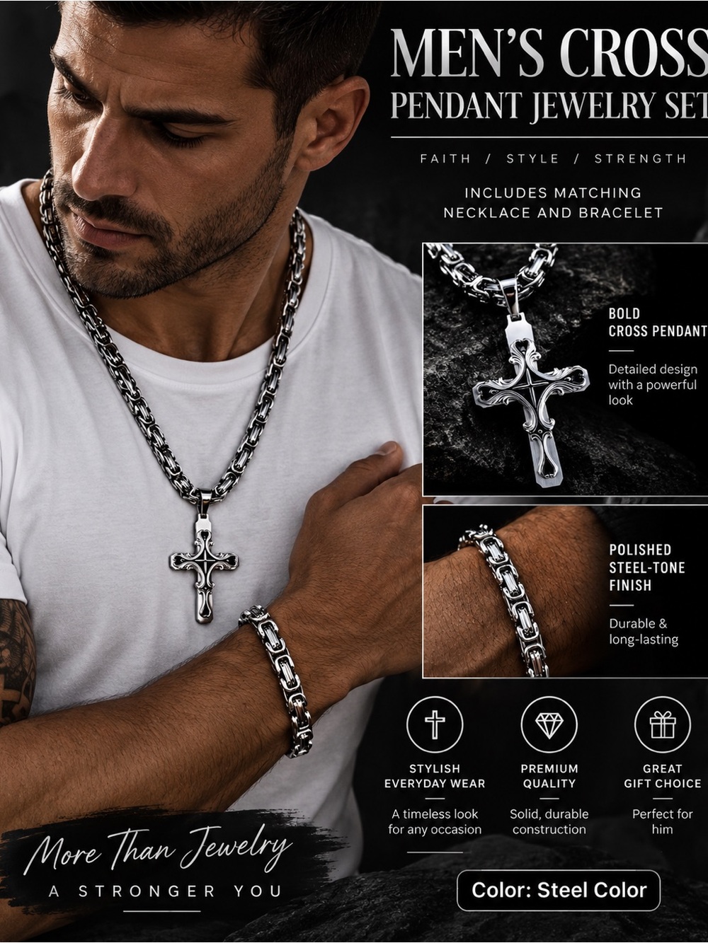 Men's Steel-Tone Cross Pendant Necklace & Bracelet Set